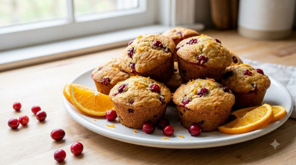 Golden-brown cranberry orange muffins with visible cranberries and orange zest on a white plate with fresh orange slices