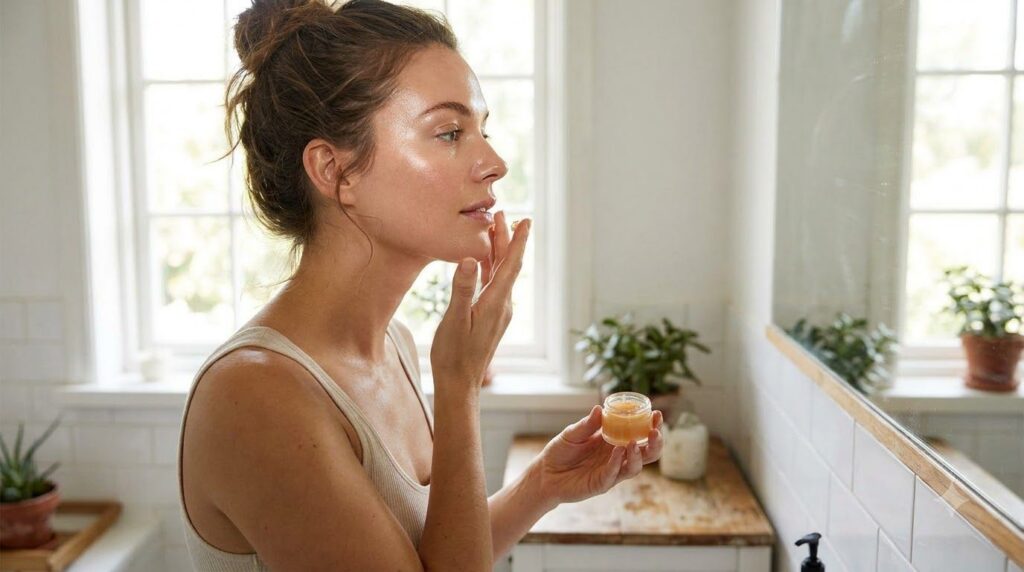 A woman gently applying the homemade Vaseline and Vitamin E balm to her cheek looking refreshed with clear and glowing s