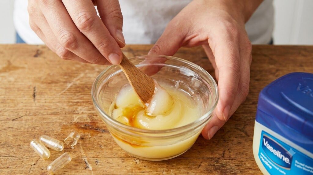 A small bowl with Vaseline and the liquid from Vitamin E capsules being mixed together with a mini spatula creating a sm