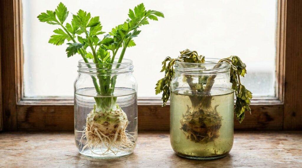 A side-by-side comparison image showing a healthy regrowing celery base with fresh green shoots in clean water versus a 