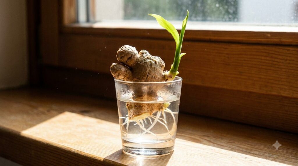Close-up shot of a ginger knob with a green shoot emerging from one of its eyes sitting in a small glass of water on a w