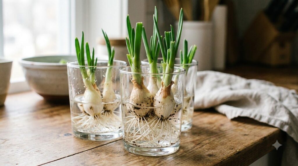 Close-up of several green onions regrowing in clear glass jars of water on a kitchen counter with vibrant new green shoo