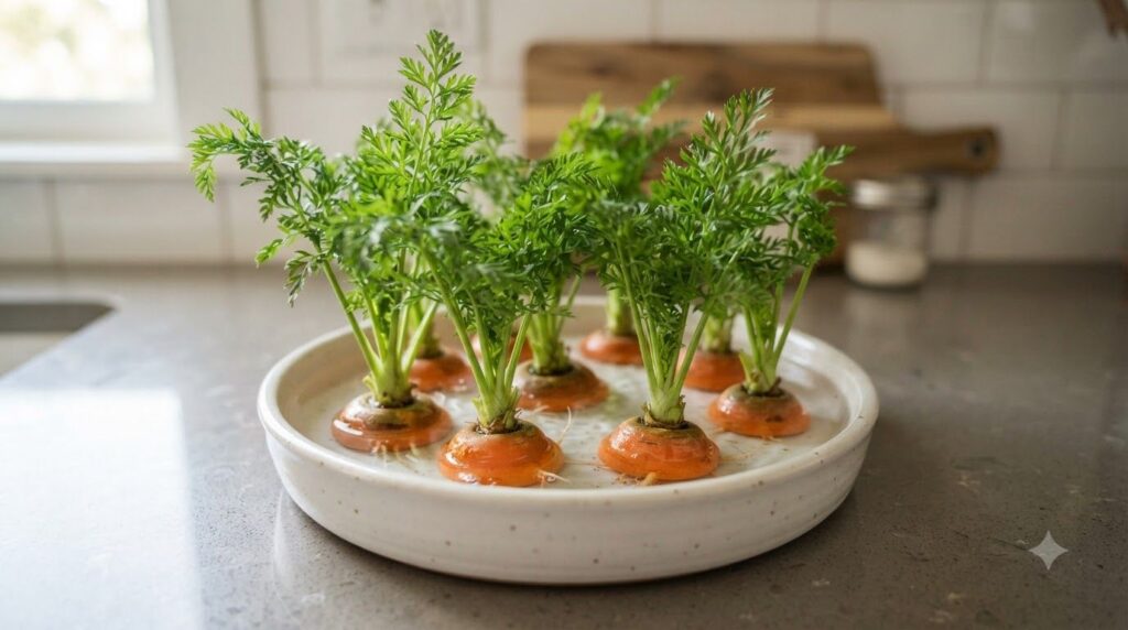 A shallow white dish containing several carrot tops regrowing with vibrant green feathery leaves sprouting upwards The w