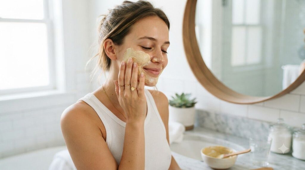A woman gently applying a DIY face mask to her cheek with her fingertips her eyes closed in a relaxed expression The mas