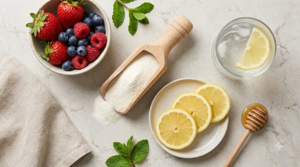 Ingredients for a collagen drink laid out on a clean surface collagen powder mixed berries a lemon and a glass of water