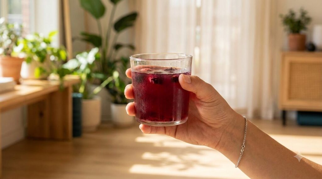 A person s hand holding a glass of collagen drink with a soft blur in the background suggesting a wellness setting