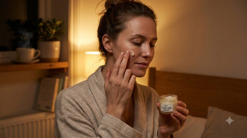 A woman gently applying a small amount of the DIY Vaseline balm to her cheek demonstrating the light massage technique f