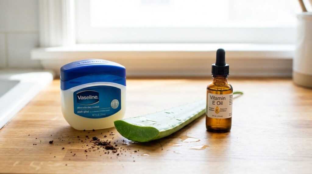 Individual ingredients a tub of Vaseline a cut aloe vera leaf with gel visible and a small bottle of vitamin E oil neatl