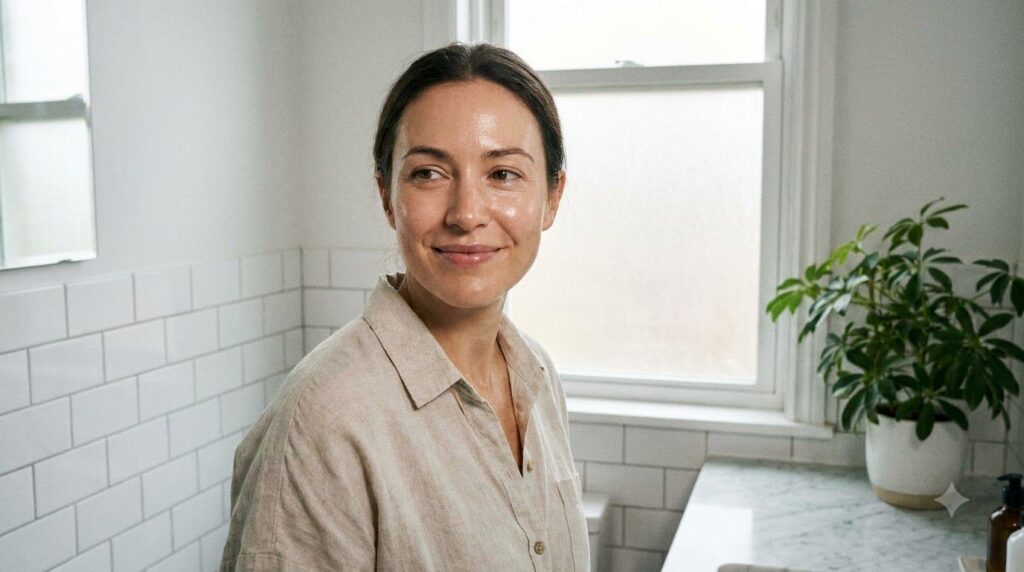 A woman smiling with noticeably glowing hydrated skin after applying a beauty mask in a bright bathroom setting