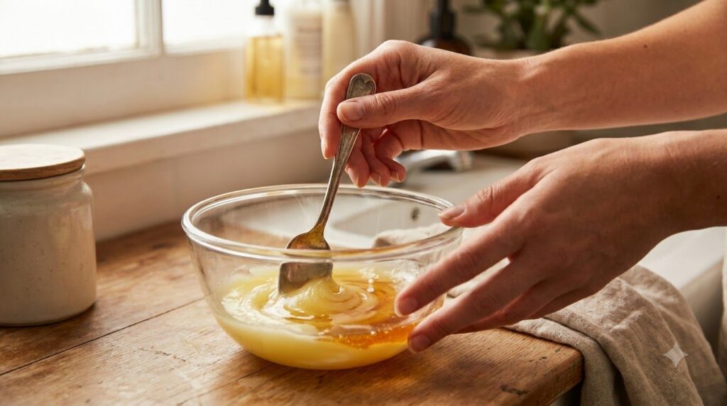 A woman s hand mixing Vaseline honey and baby oil in a small glass bowl with a spoon creating a creamy yellow paste