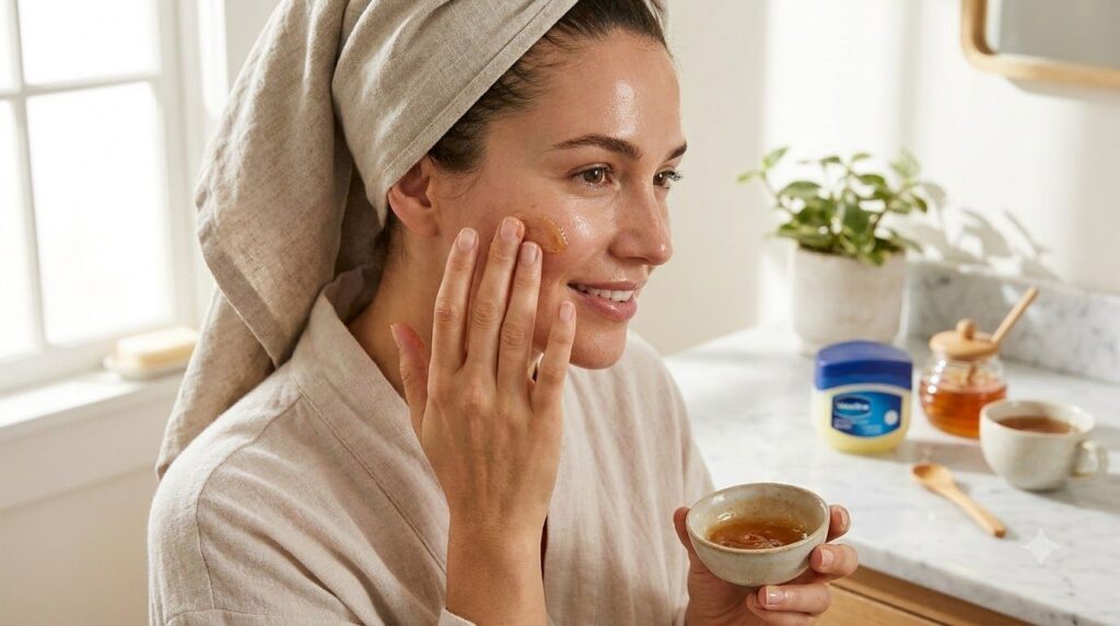A woman gently applying a thin layer of the Vaseline and honey blend to her clean face with a soft glowing expression in