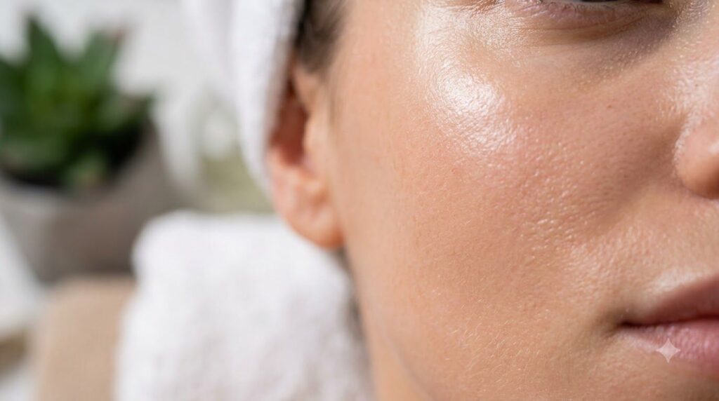 A close-up of a woman s radiant and smooth skin after using a beauty treatment showing a subtle glow with soft focus in 