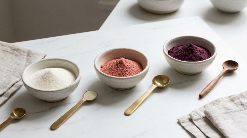 Various beauty supplement powders in small bowls including white collagen peptides red acerola powder and purple berry p