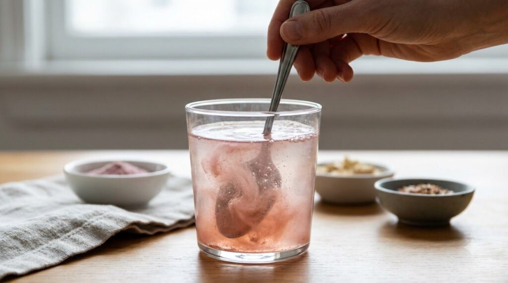 A close-up of a hand stirring a pinkish beauty drink in a clear glass with a spoon showing the powder dissolving