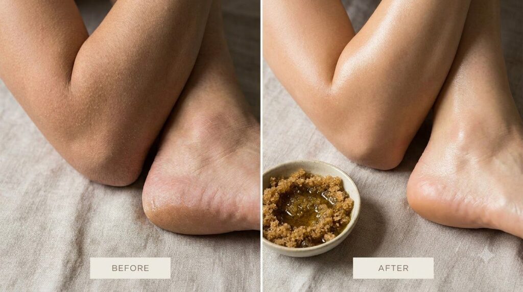 A close-up of smooth bright skin on an elbow and foot after using a natural scrub showing a noticeable improvement in sk