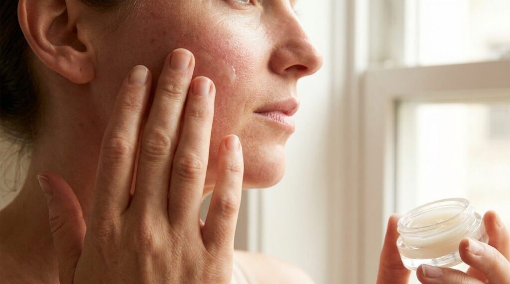 A woman gently applying a small amount of the balm to her cheek demonstrating the application process