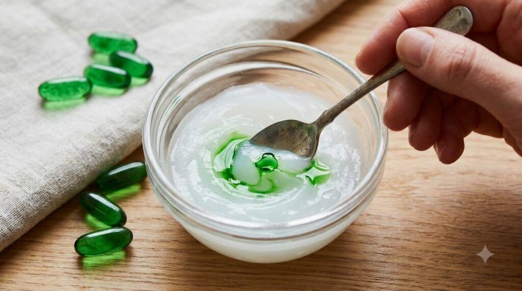 A small bowl with petroleum jelly and punctured Vitamin E capsules being stirred with a spoon to mix