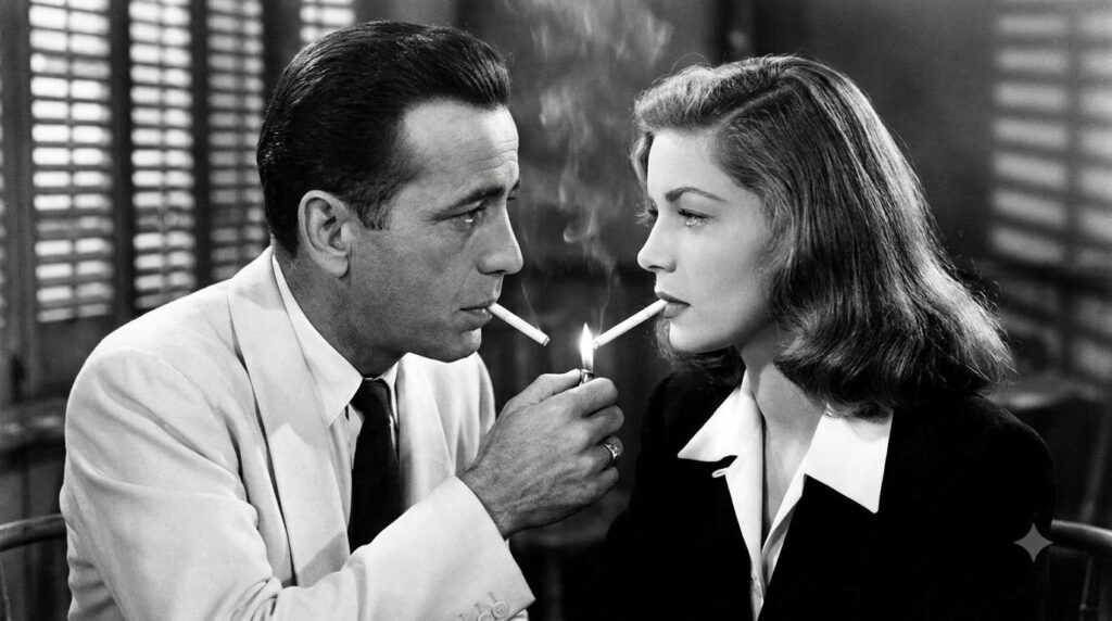 A black and white still from To Have and Have Not featuring Humphrey Bogart and Lauren Bacall in a romantic scene