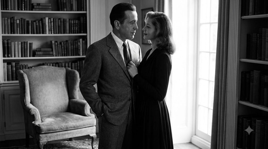 A black and white publicity photo of Humphrey Bogart and Lauren Bacall looking elegant and in love
