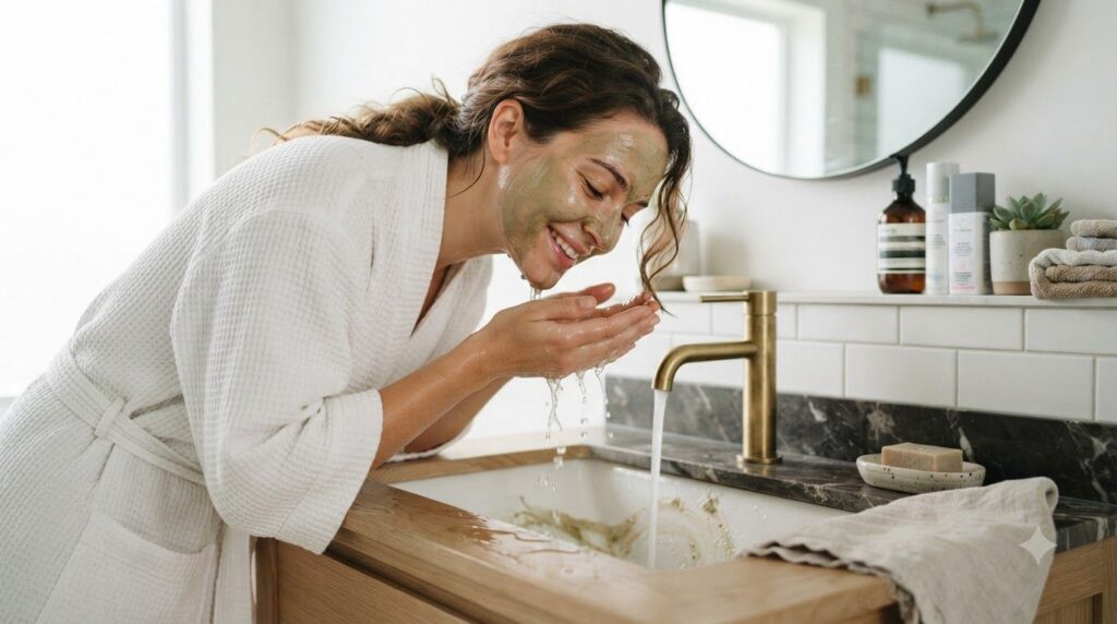 A woman gently rinsing off a homemade face mask from her face over a sink her skin looking fresh and clean in a well-lit
