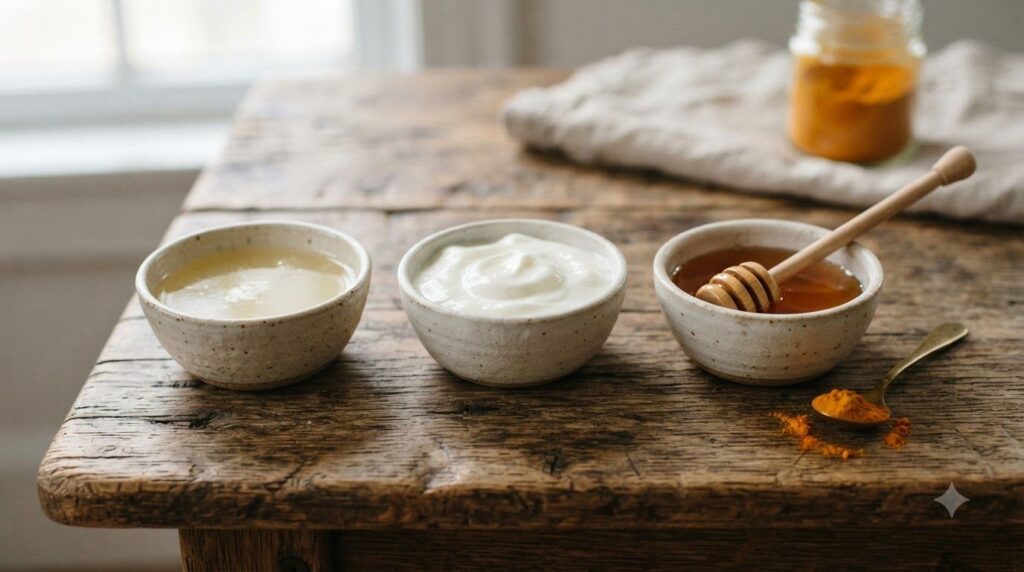 Close-up of ingredients for a DIY face mask a bowl of potato juice a bowl of plain yogurt a jar of honey and a small amo