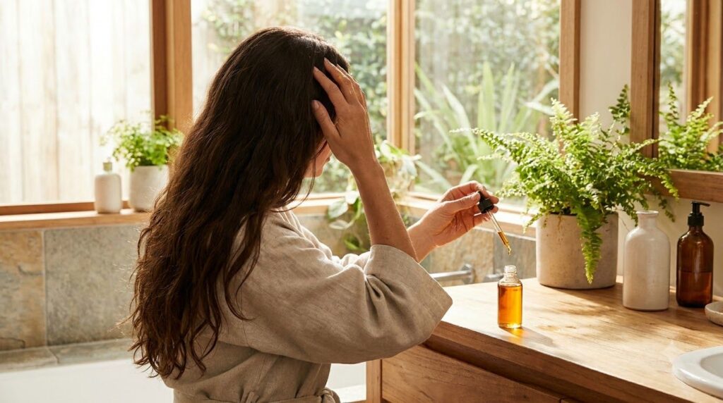 A woman gently massaging homemade onion hair oil into her scalp showcasing a self-care beauty routine