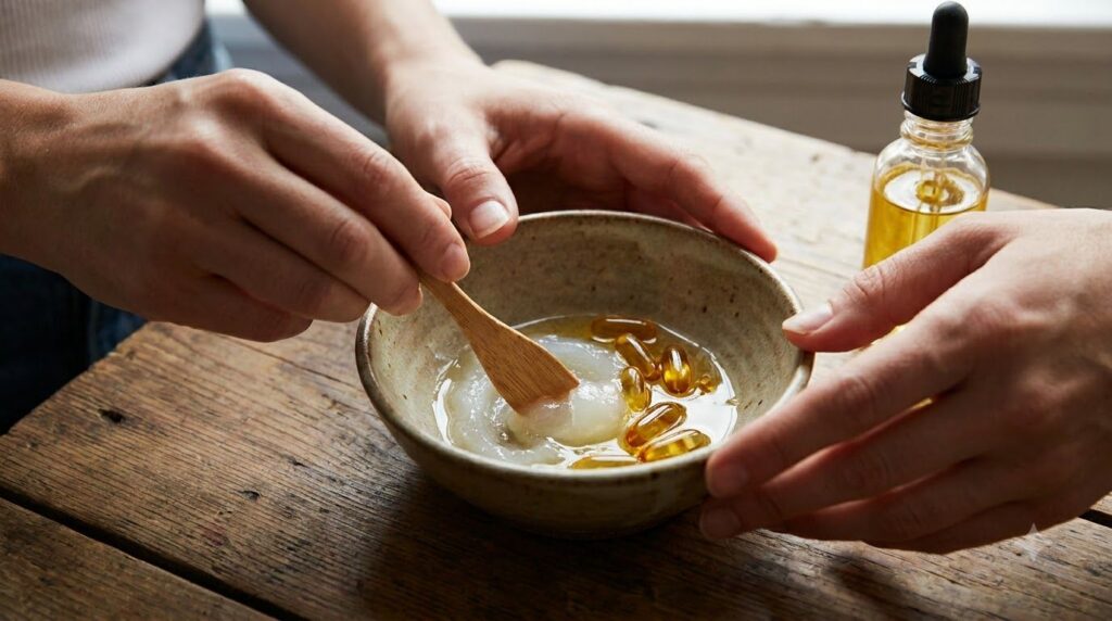 Close-up of mixing Vaseline with sweet almond oil and vitamin E oil in a small bowl