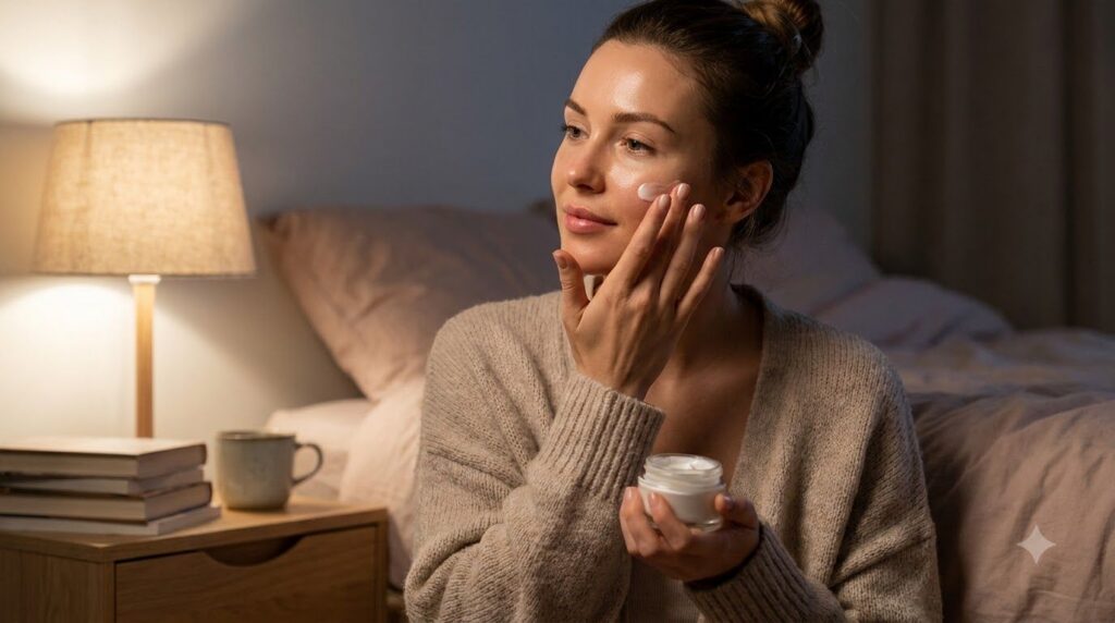 A woman gently applying a small amount of night cream to her face before bed in a soft diffused lighting setting