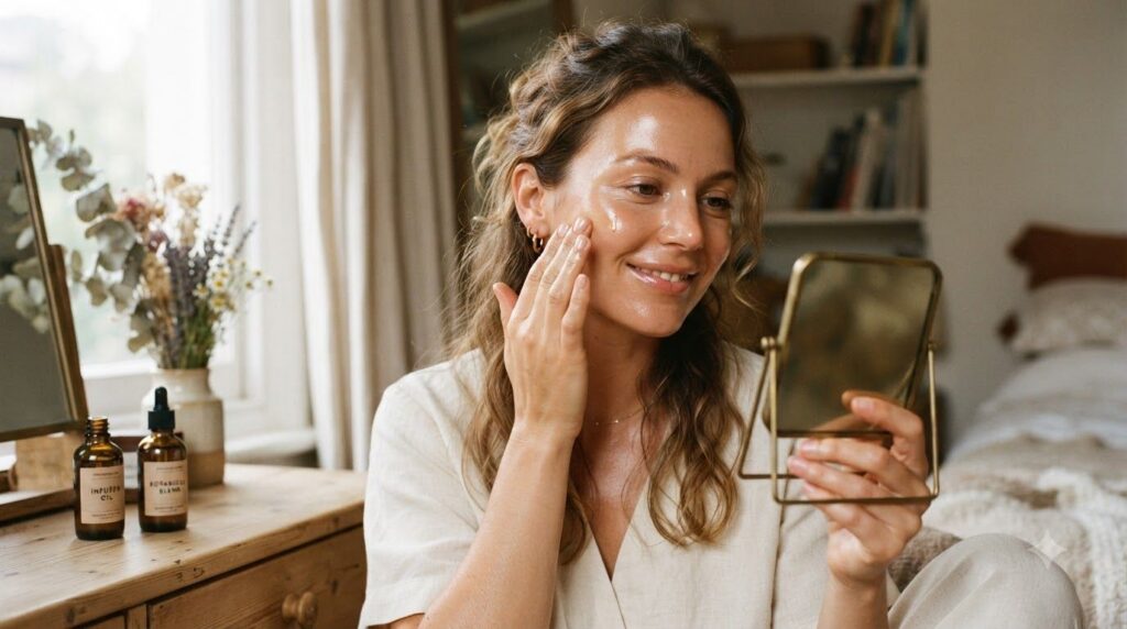 A woman gently applying a few drops of the homemade infused oil onto her cheek looking refreshed and radiant in soft dif