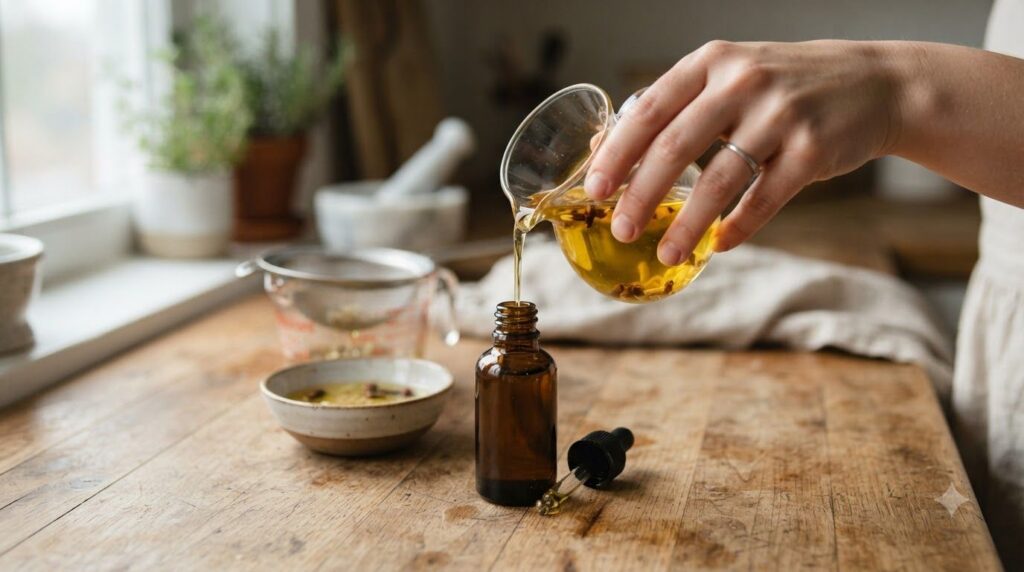 A person s hand pouring the freshly strained baby oil infused with cloves and rice into a small amber dropper bottle