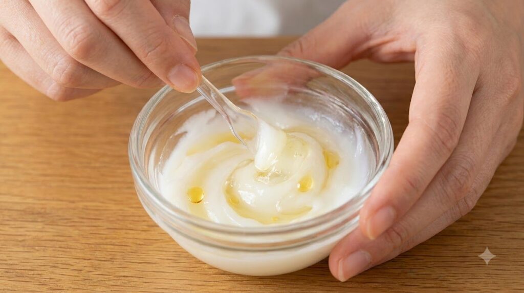 Close-up of hands mixing Vaseline aloe vera gel and vitamin E oil in a small glass bowl with a mini spatula showing the 