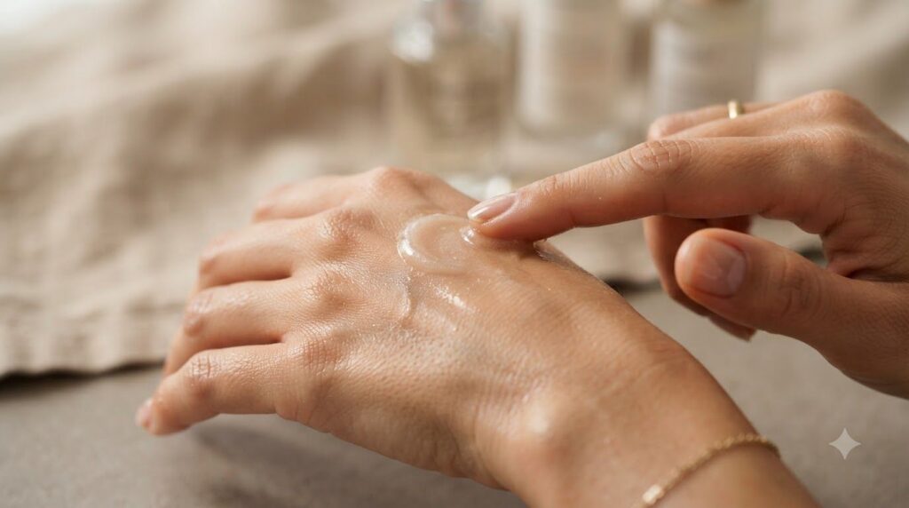 A close-up of a hand gently applying the glow gel to the back of another hand showing a subtle healthy sheen on the skin