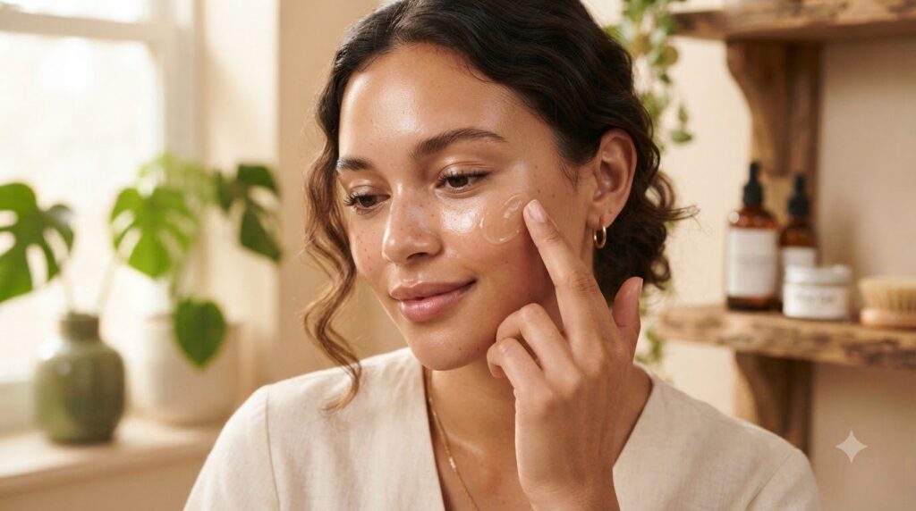 A woman gently applying a small amount of the clear glow gel to her cheek illustrating the How to Use It section with a 