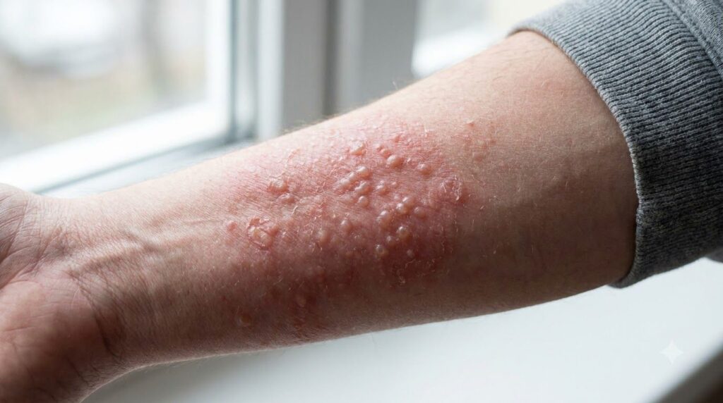 A close-up of a person s skin showing an irritated red and slightly blistered patch representing a severe reaction to a 