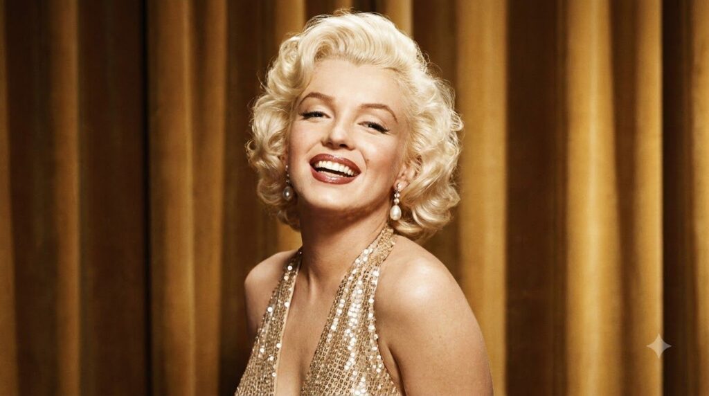 A classic promotional portrait of Marilyn Monroe smiling embodying her iconic glamorous image