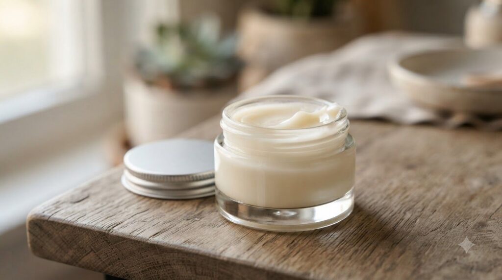 A close-up shot of the blended Vaseline and Vitamin E mixture in a small elegant glass jar showing its smooth texture
