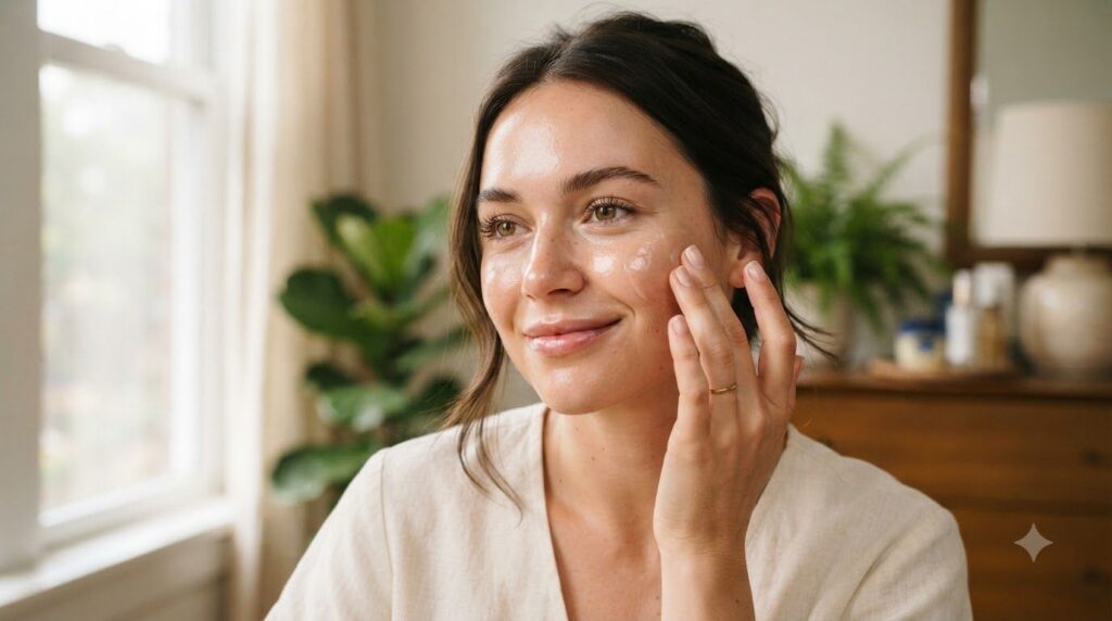 A woman gently applying the Vaseline and Vitamin E blend to her cheek with her fingertips her skin looking soft and radi