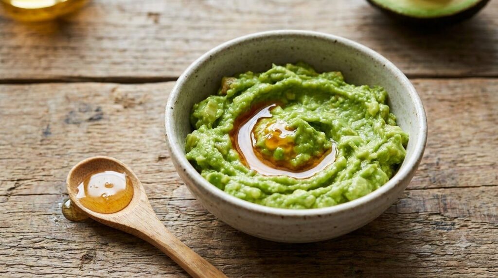 A close-up of a DIY face mask being prepared showing mashed avocado a drop of golden oil Vitamin E and a spoon of honey