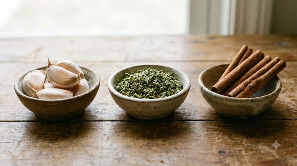 A close-up of fresh garlic cloves dried oregano leaves and cinnamon sticks artfully arranged in separate small bowls hig