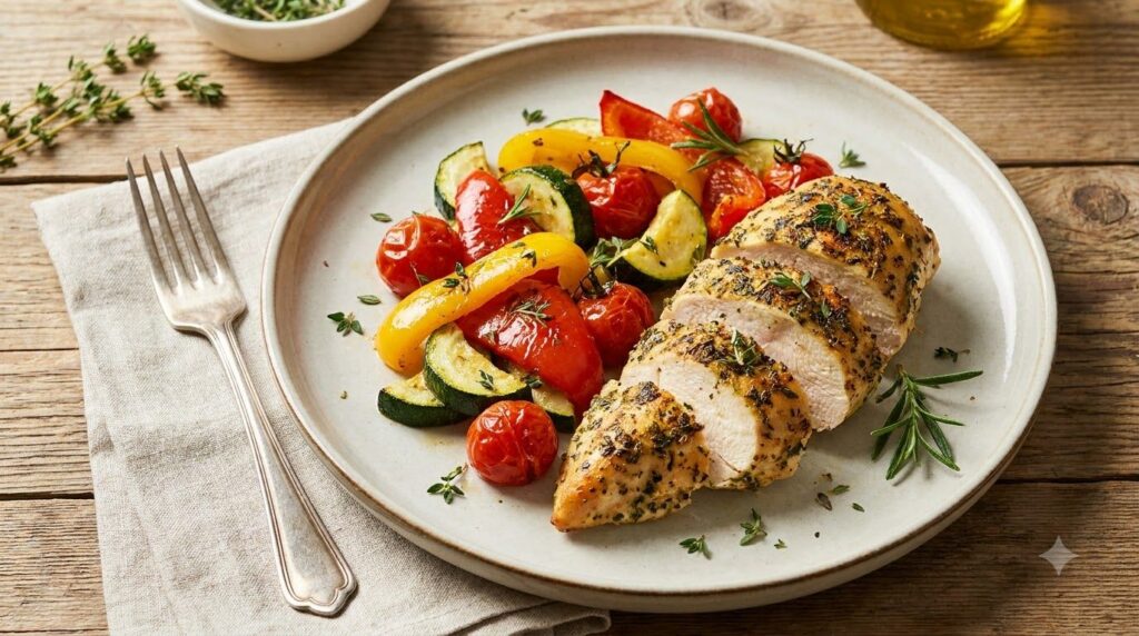 A delicious and healthy meal featuring roasted chicken and vegetables seasoned with garlic oregano and a hint of cinnamo