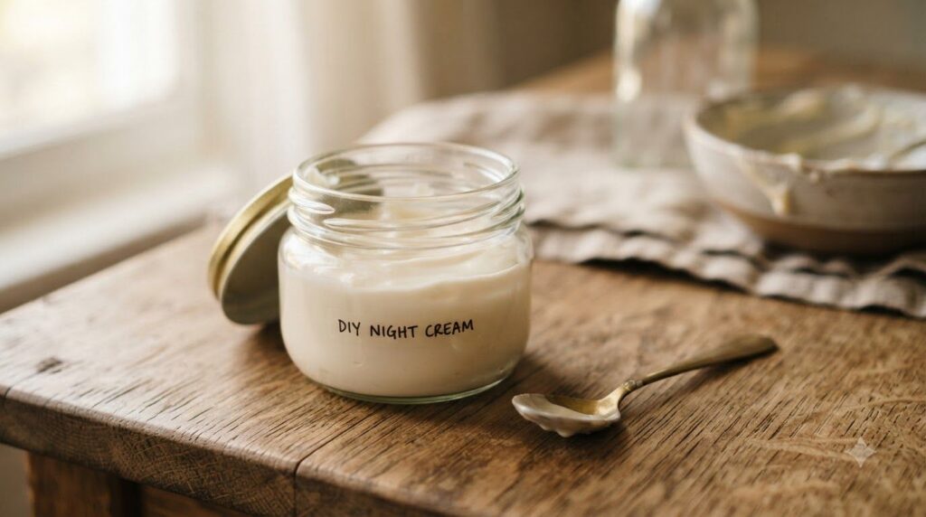 A small clean glass jar filled with the freshly made DIY Vaseline night cream showing a smooth creamy texture A mixing s