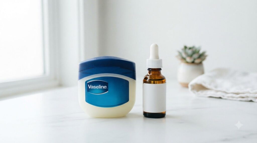 Two main ingredients for the DIY night cream a tub of Vaseline and a small bottle of Vitamin E oil neatly arranged on a 