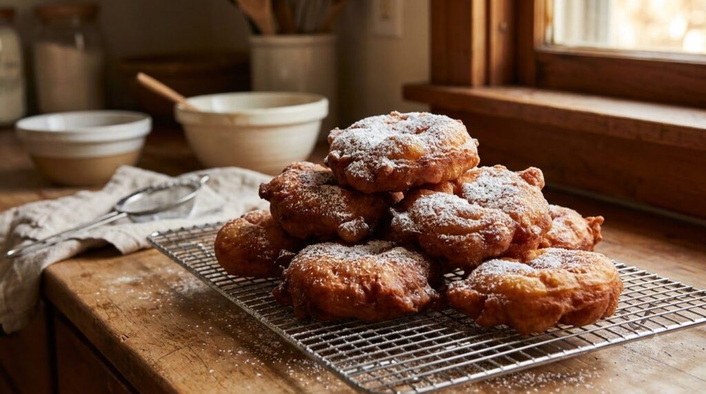 A pile of golden-brown irregular-shaped apple fritters on a cooling rack dusted with powdered sugar Some apples are visi