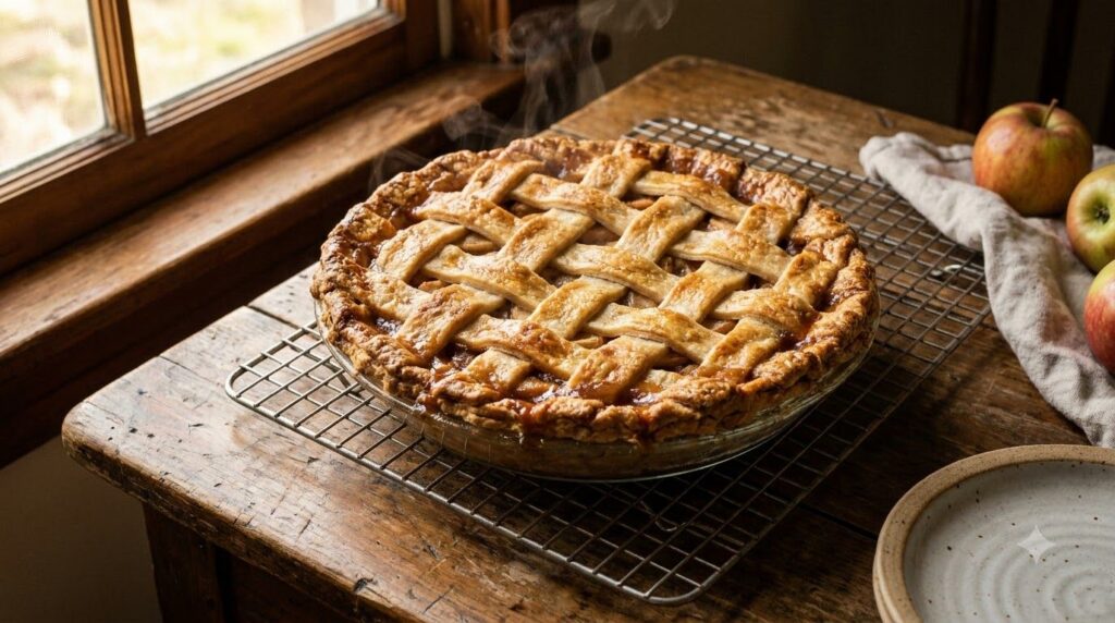 A beautifully baked classic double-crust apple pie on a cooling rack with a golden-brown crust and visible steam from it