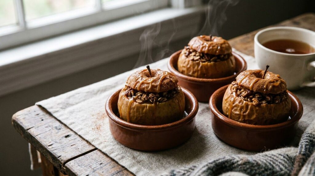 Whole baked apples filled with a brown sugar and oat mixture served warm in individual ramekins garnished with a sprinkl