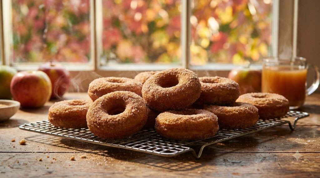 Fluffy ring-shaped apple cider donuts coated in cinnamon sugar arranged artfully on a cooling rack with a rustic fall ba