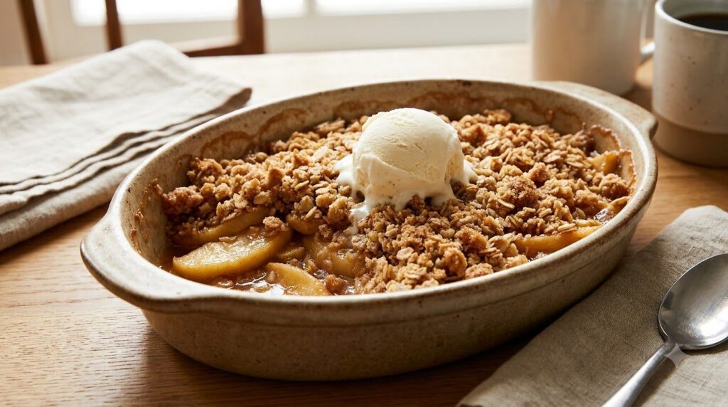 A warm Classic Apple Crisp in a ceramic baking dish topped with golden-brown oat crumble with steam gently rising A scoo