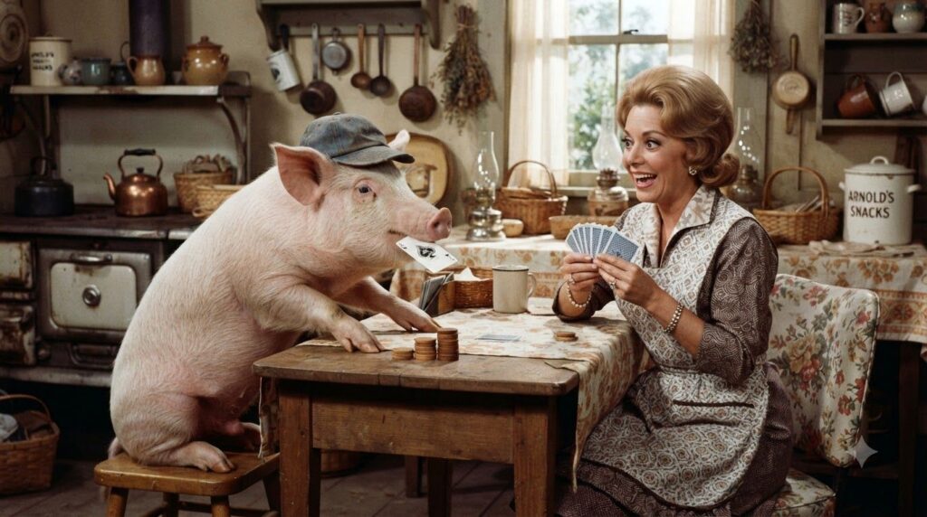 A humorous still from Green Acres depicting a common Hooterville absurdity such as Arnold the Pig or a strange contrapti