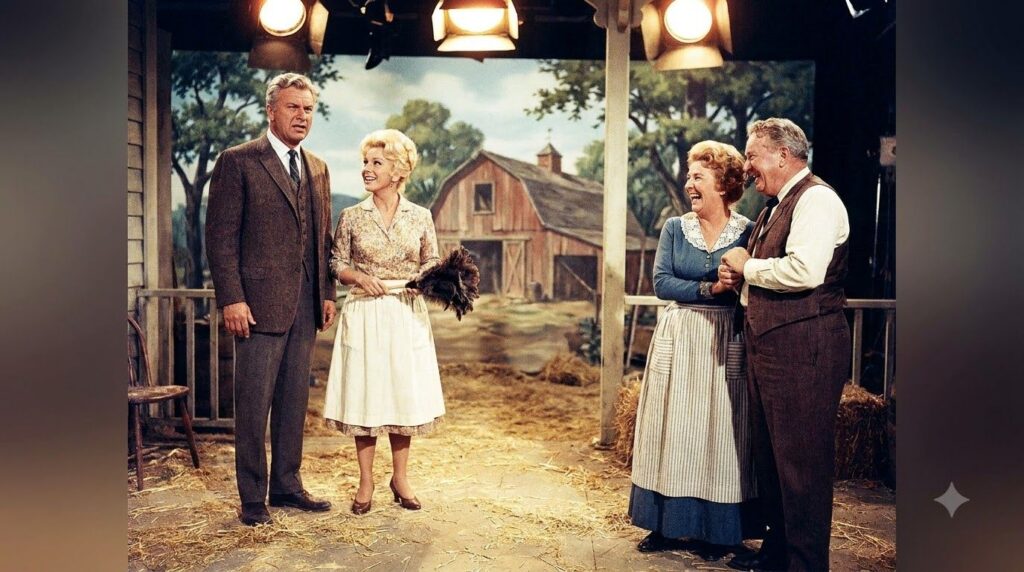 A vintage TV still showing characters from Green Acres and Petticoat Junction together highlighting their shared fiction