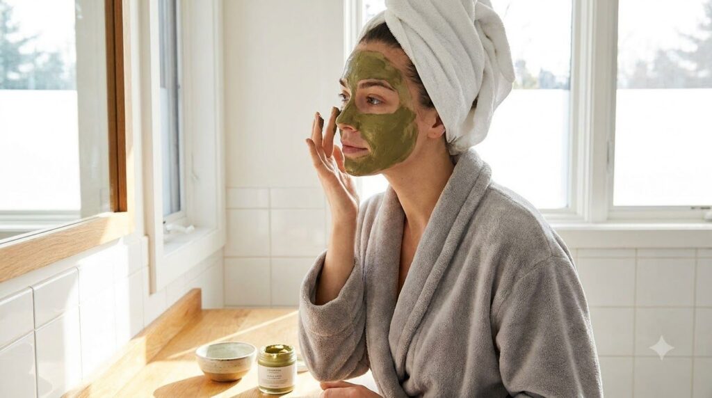 A woman gently applying a green clay mask to her clean face with her fingertips in a bright bathroom setting